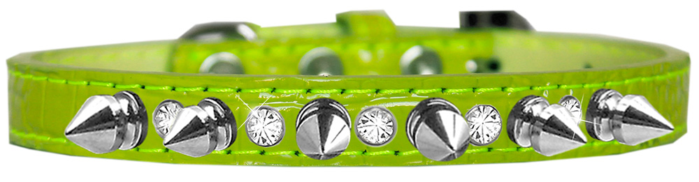 Silver Spike and Clear Jewel Croc Dog Collar Lime Green Size 10